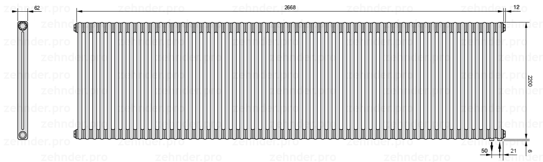 Схема (чертеж) Радиатор Zehnder Charleston 2220/58 №5510 Белый глянцевый RAL 9016